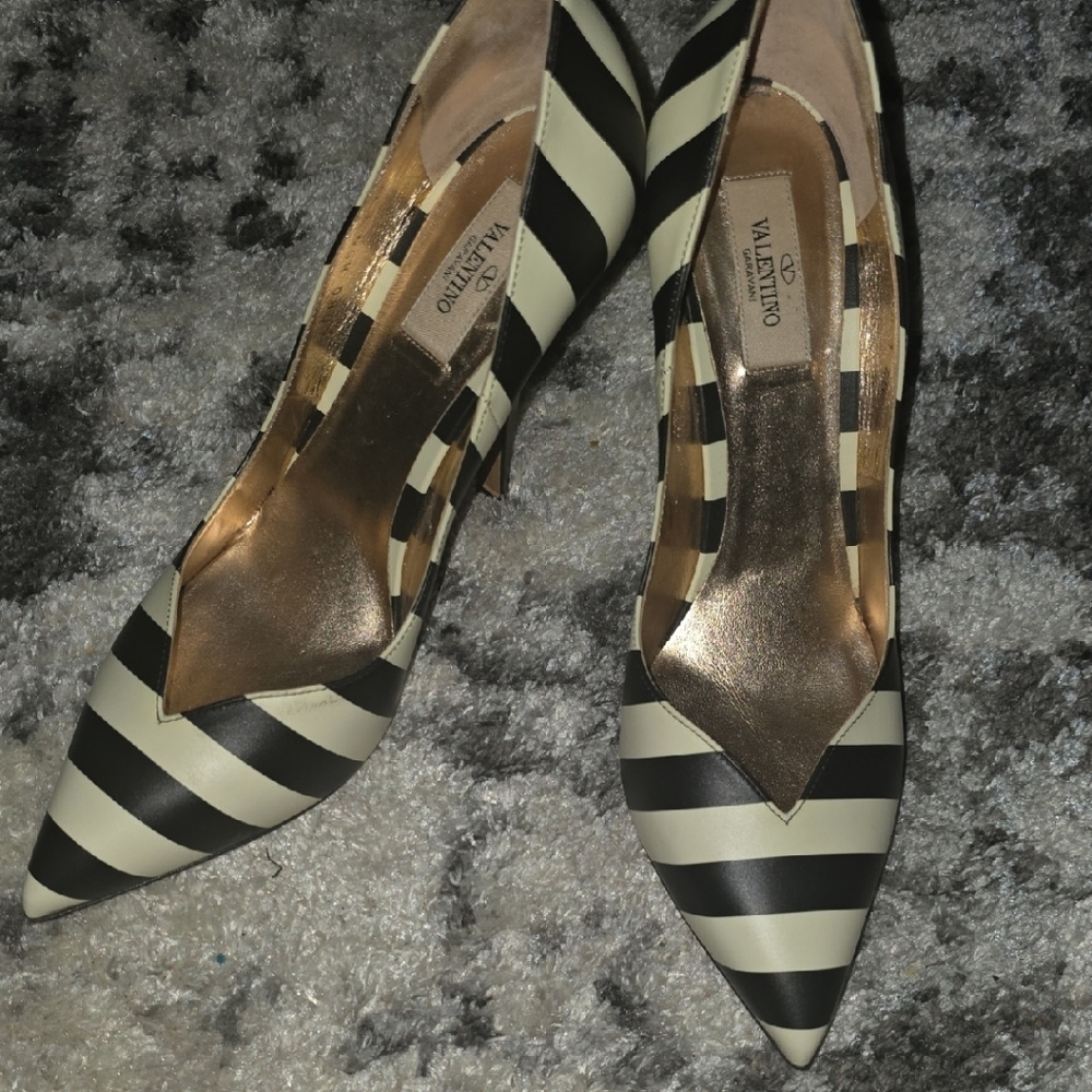 Valentino Black and Cream Striped Women's Shoes